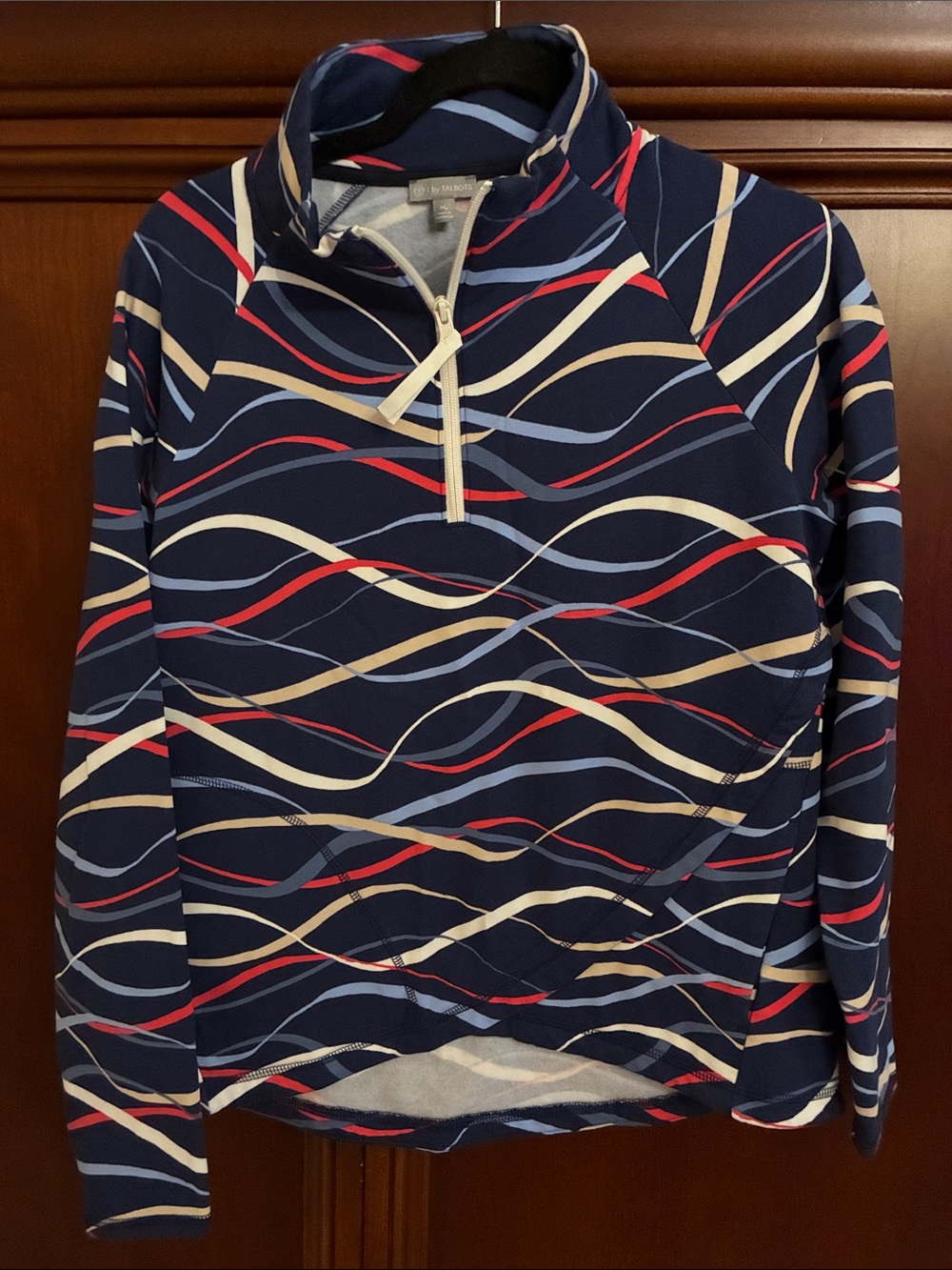 Talbots Navy Wave-Pattern Quarter-Zip Pullover with Red and Cream Accents